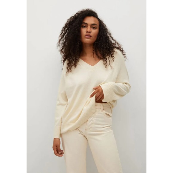 Mango Sweaters - Mango Beige White V-Neck Pullover Sweater Women Small Long Sleeve Organic Cotton